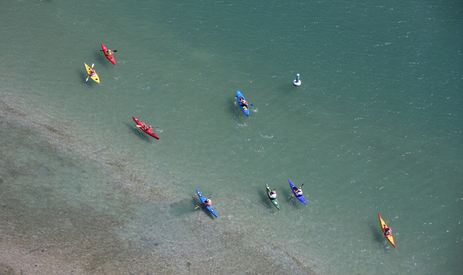 aerial view of kayakers