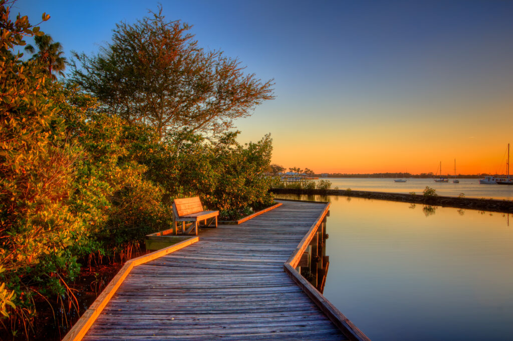 wooden trail on ocean at sunset